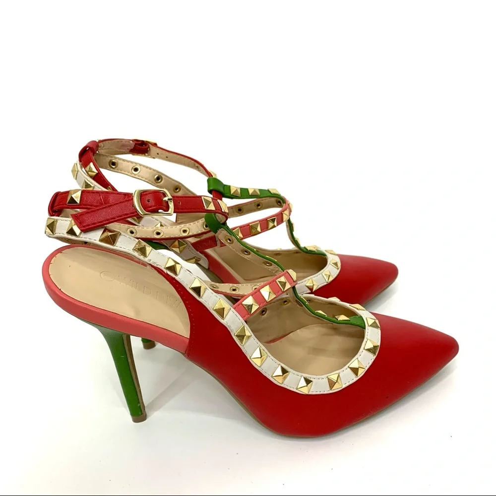 Wild Diva Lounge Red Pink Green White Colorblock Gold Studded T-Strap High Heels